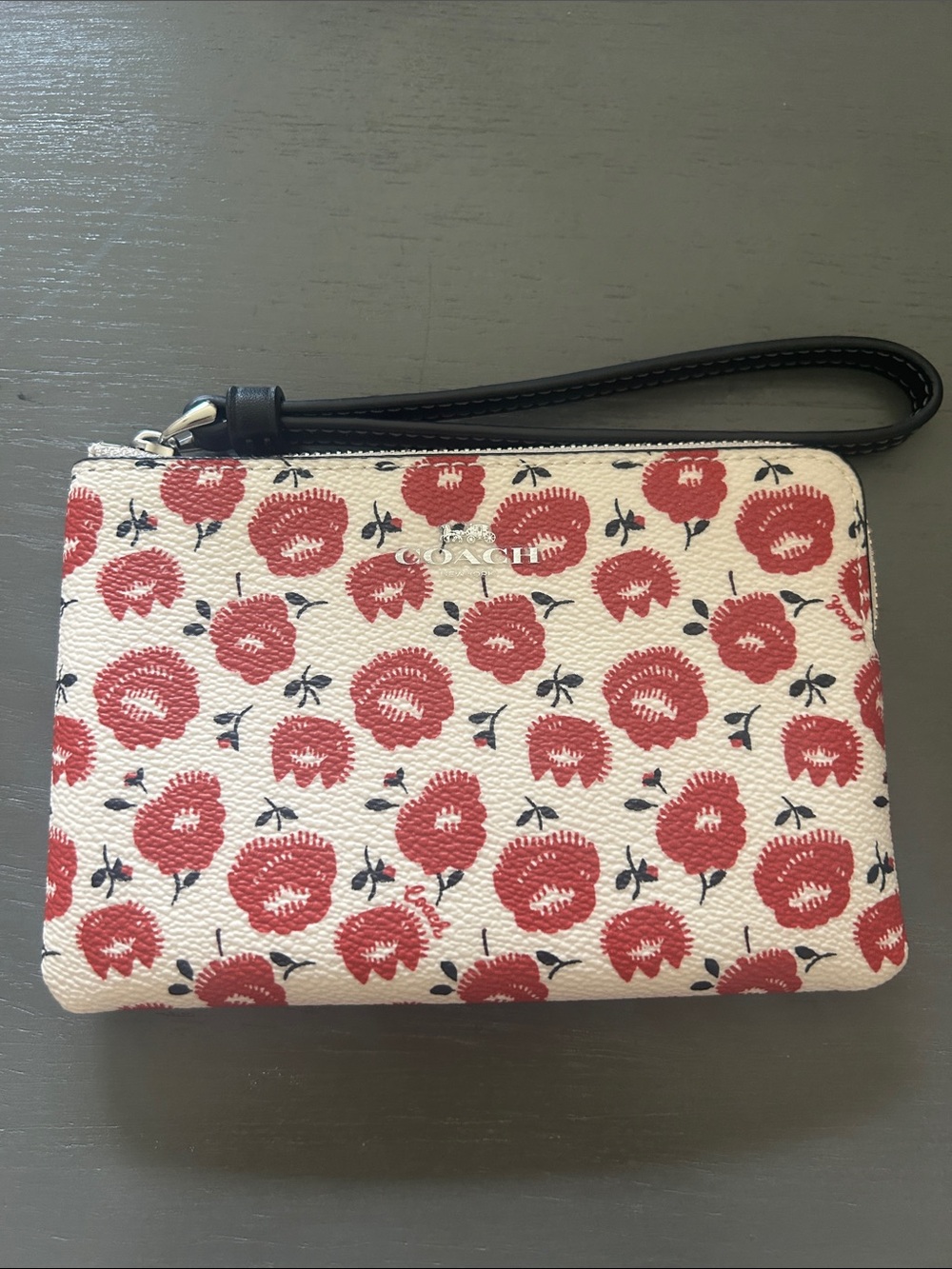 Coach Red Floral Wristlet in Cream with Black Strap